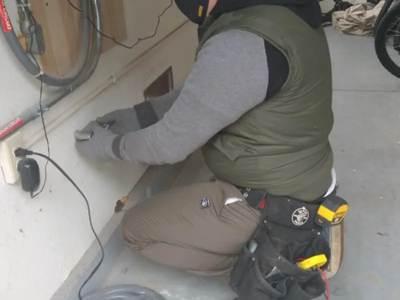 Electrician performing outlet wiring in a Youngtown garage